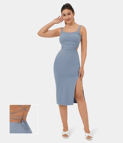 Ruched Backless Crisscross Lace Up Split Bodycon Midi Casual Dress