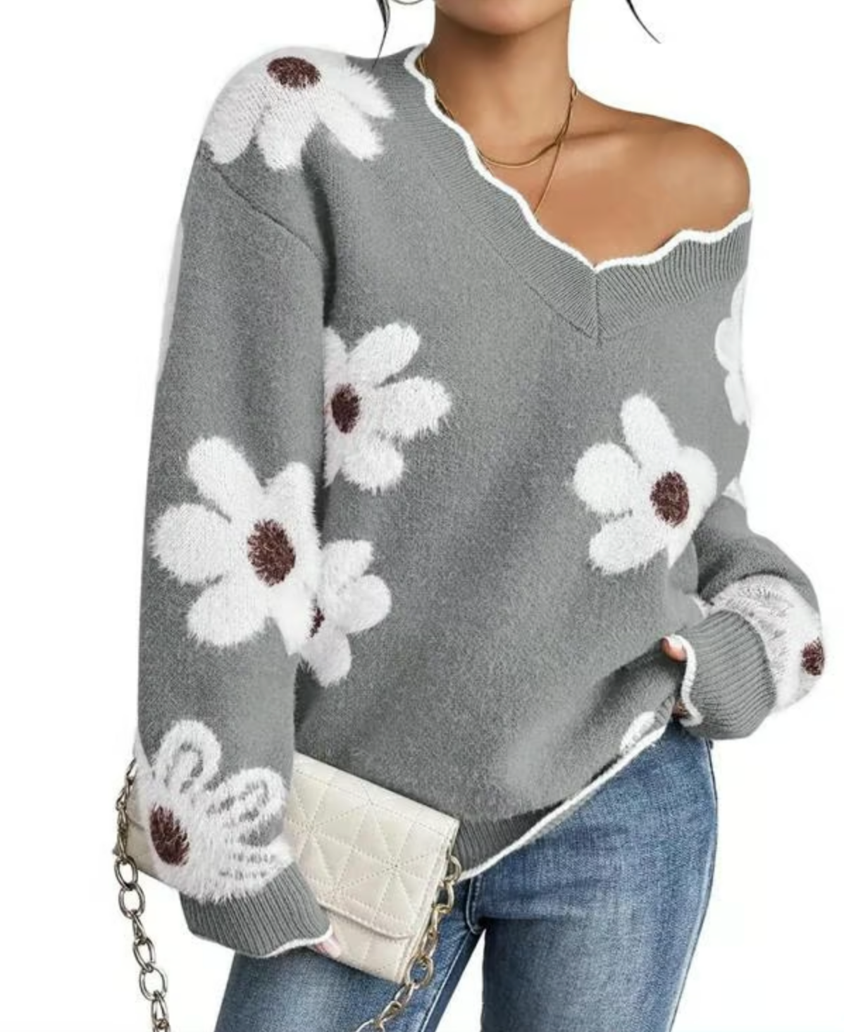 Women's Floral Pattern Scallop Trim Sweater