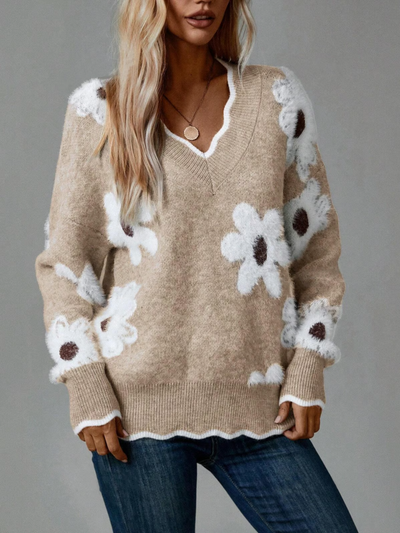 Women's Floral Pattern Scallop Trim Sweater