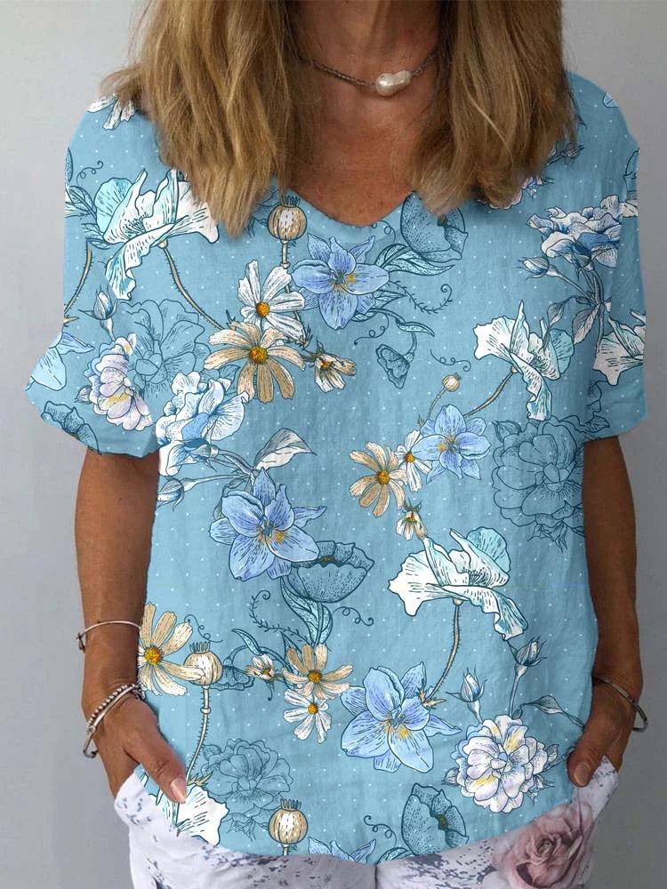 Women's Artistic Flower Pattern Cotton and Linen Short Sleeve Top